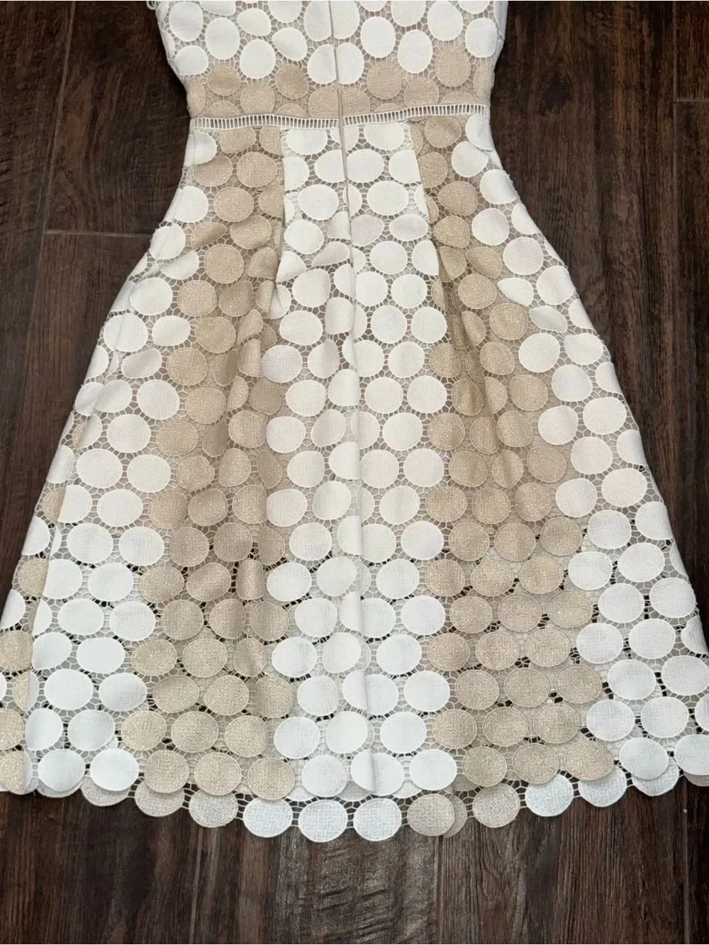 Shoshanna Glengarry Ivory Metallic Gold Circle Lace Midi Cocktail Dress